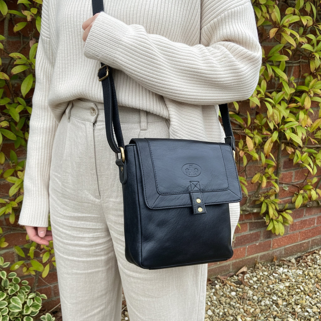 Rowallan Black Leather Handbag, Shoulder Bag, Cross Body Bag