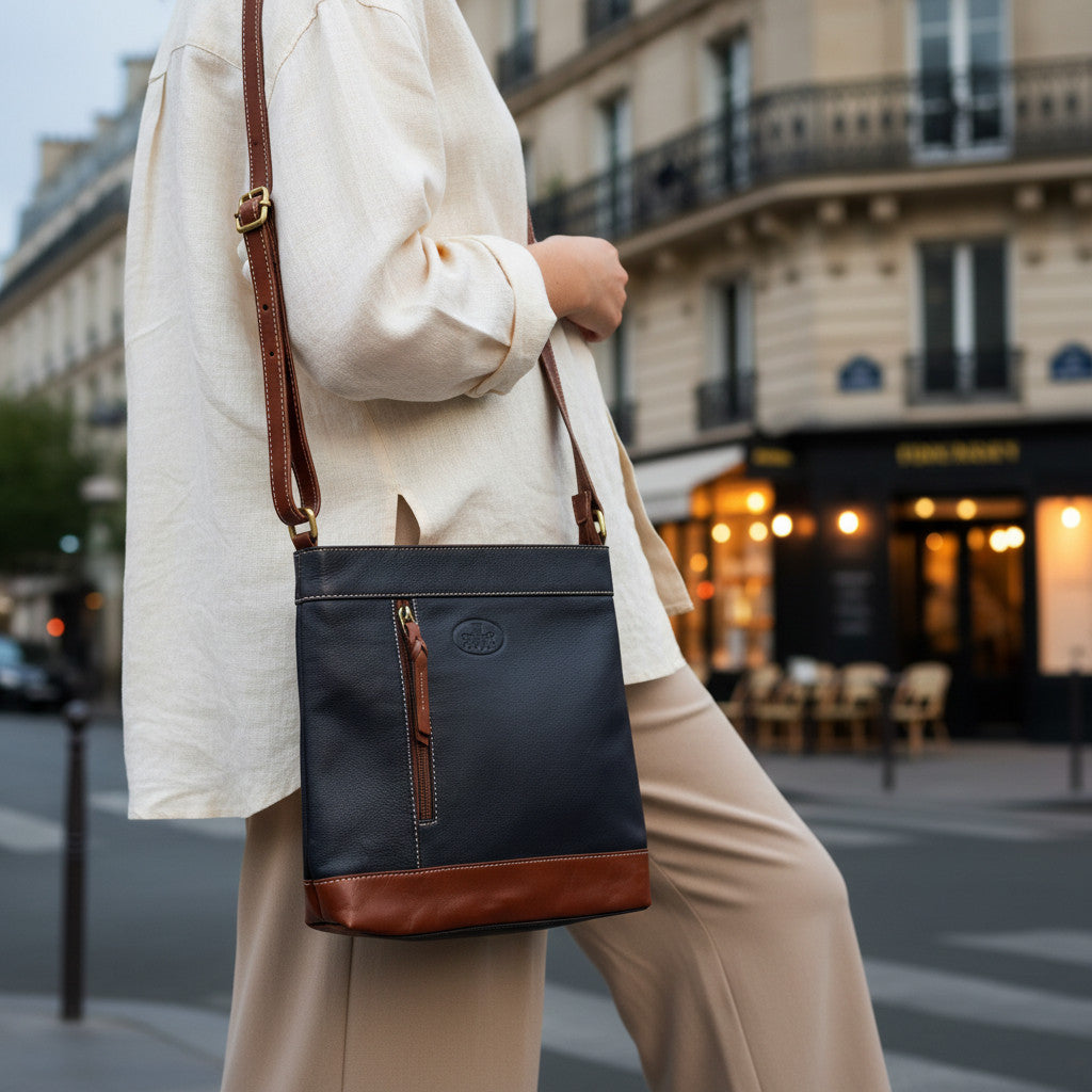 Rowallan Navy and Tan Leather Cross Body Bag
