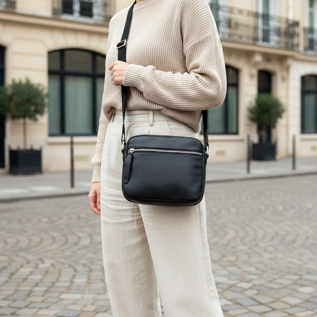 Rowallan Black Leather Cross Body Bag