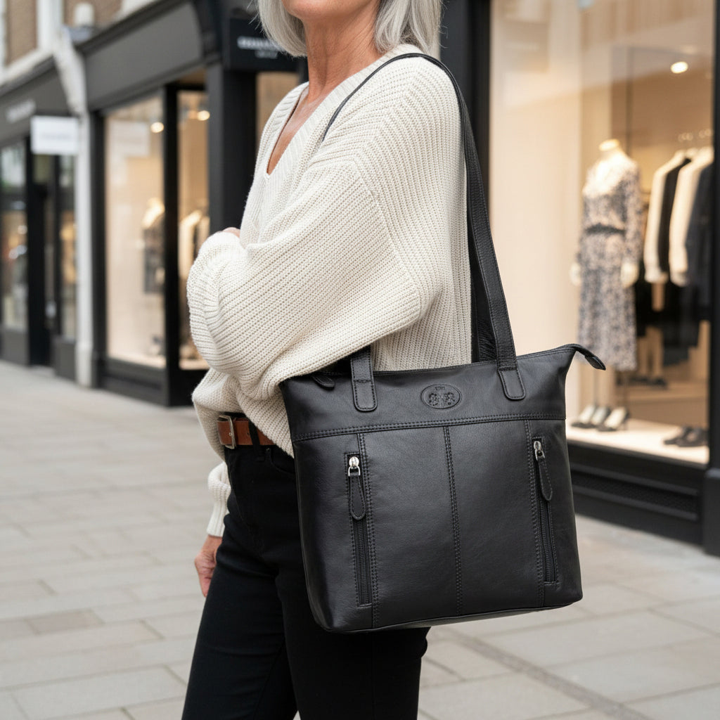 Rowallan Black Leather Shoulder Bag, Shopper