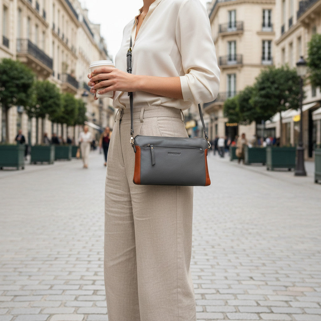 Rowallan Small Grey Leather Cross Body, Shoulder Bag, Clutch Bag