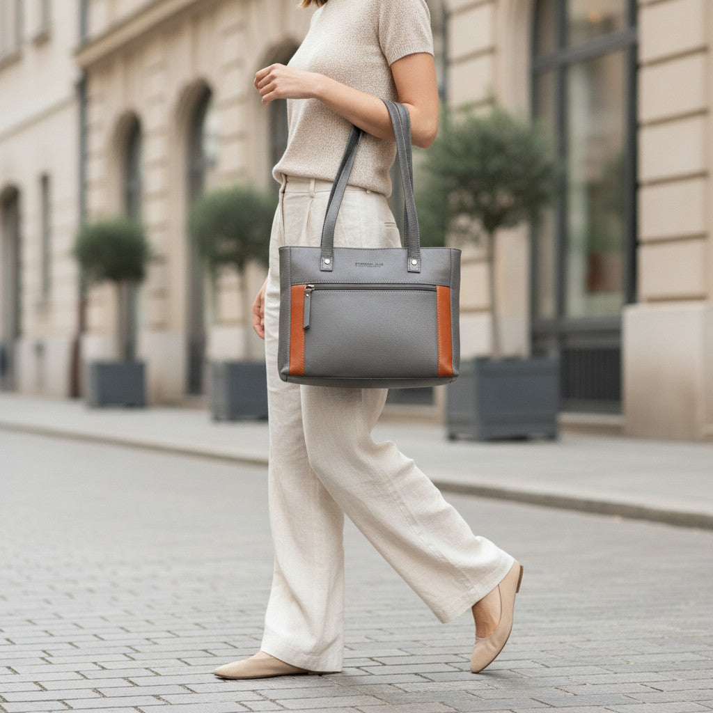 Rowallan Dark Grey and Tan Leather Shoulder Bag, Shopper