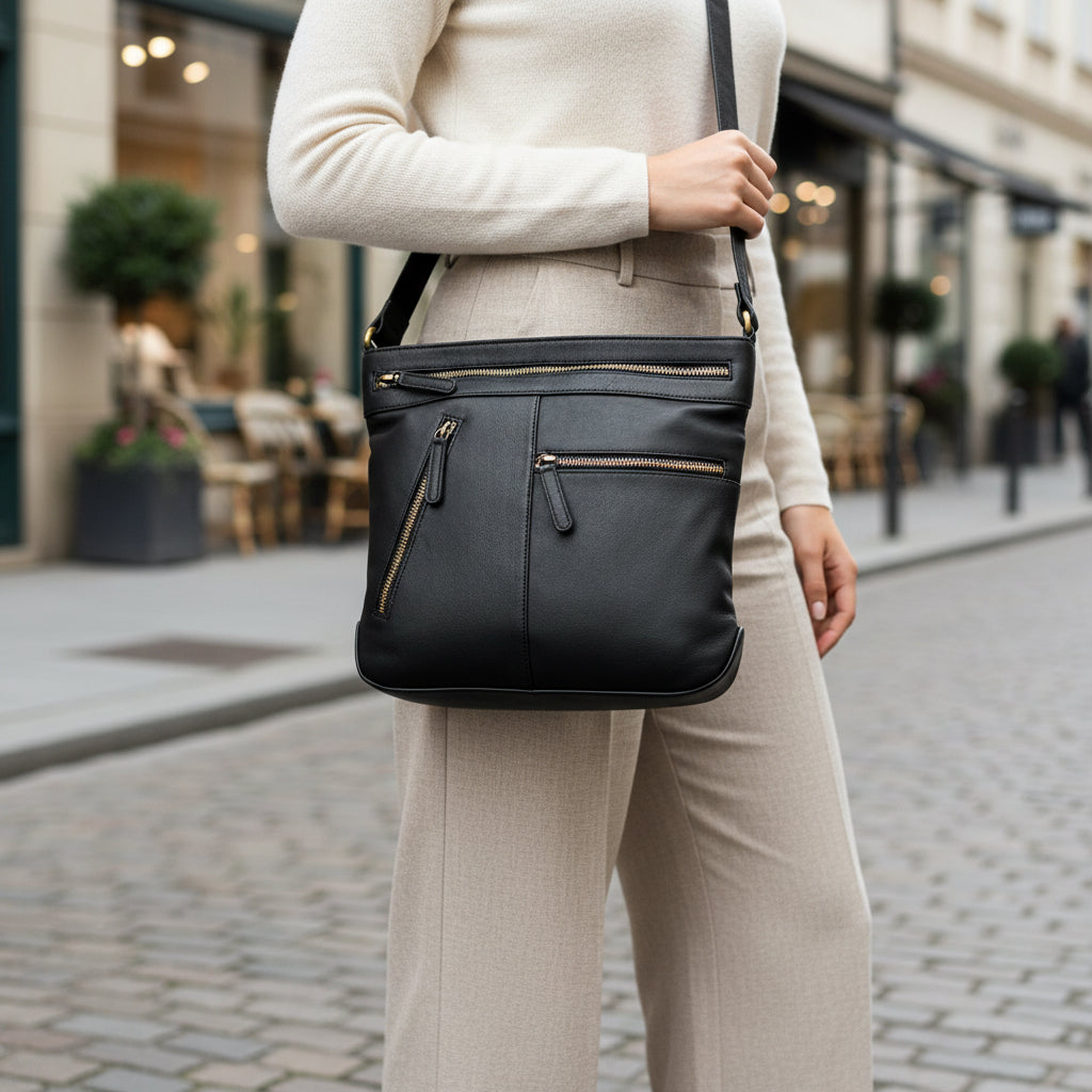 Rowallan Large Black Leather Shoulder Bag, Crossbody Bag