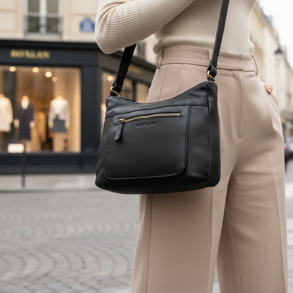 Rowallan Black Leather Shoulder Bag, Crossbody Bag - Twin Compartment