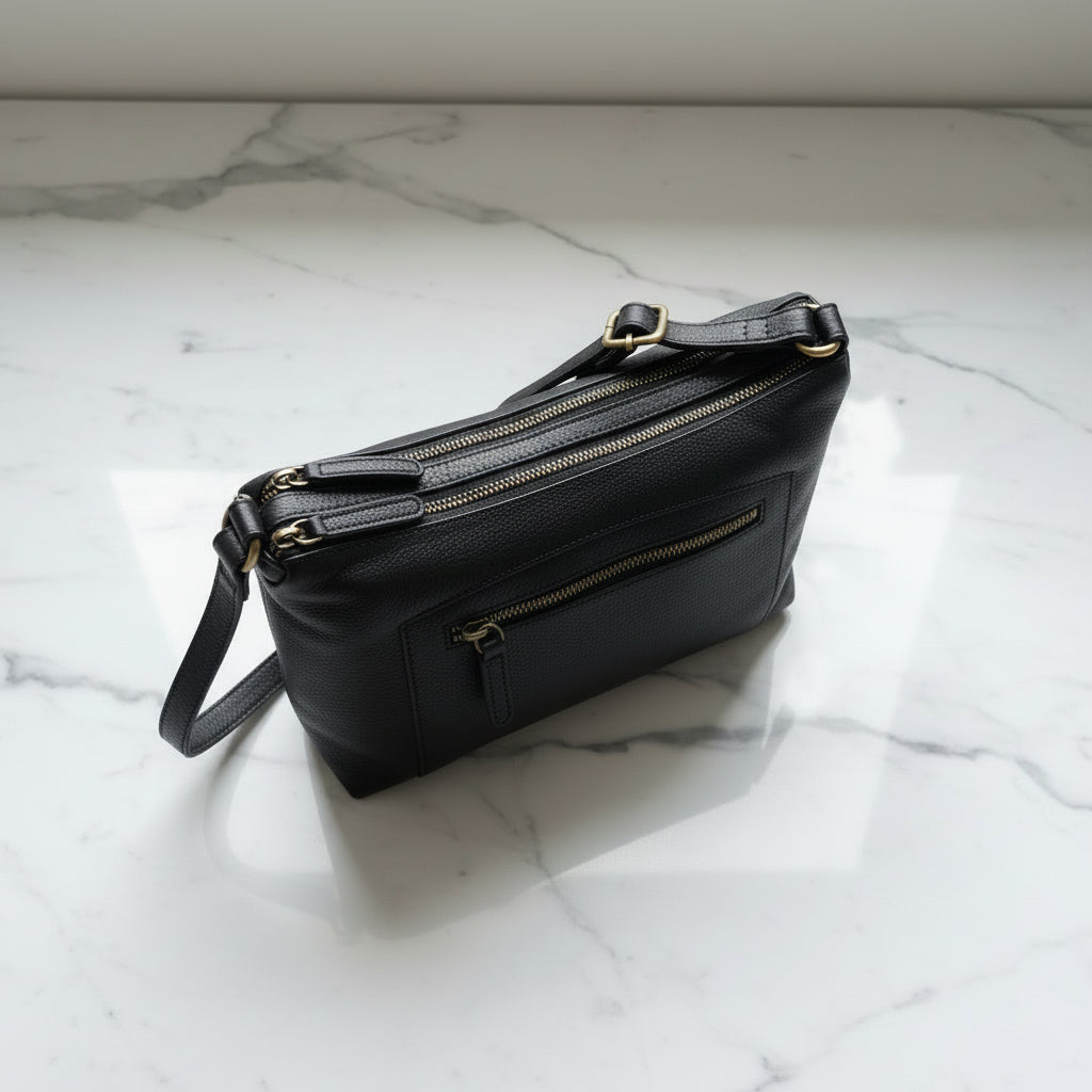 Rowallan Black Leather Shoulder Bag, Crossbody Bag - Twin Compartment