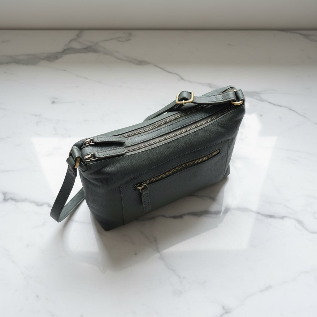 Rowallan Green Leather Shoulder Bag, Crossbody Bag - Twin Compartment
