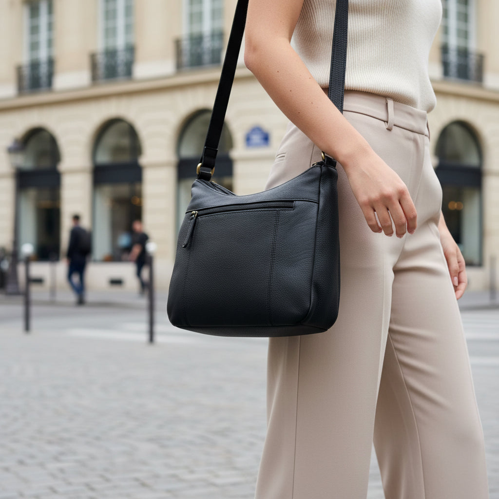 Rowallan Black Leather Shoulder Bag, Crossbody Bag - Twin Compartment