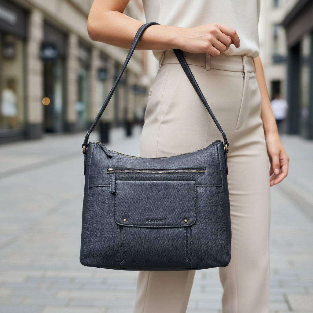 Rowallan Navy Leather Shoulder Bag