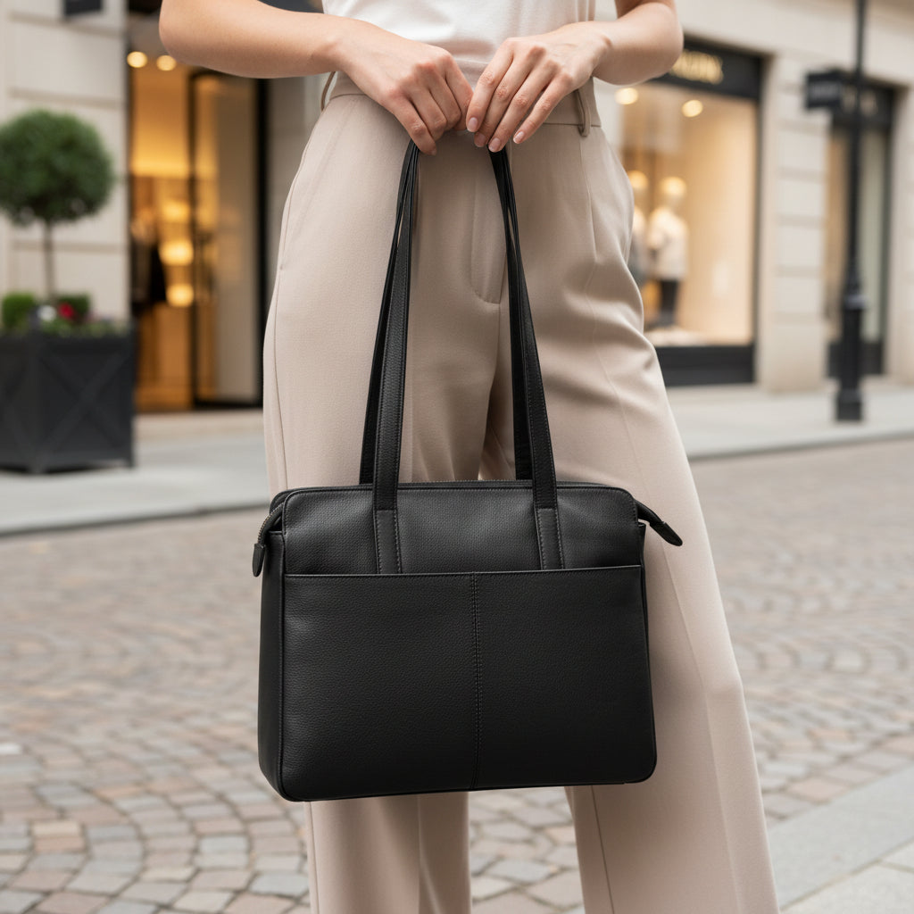 Rowallan Black Premium Leather Shoulder Bag, Shopper