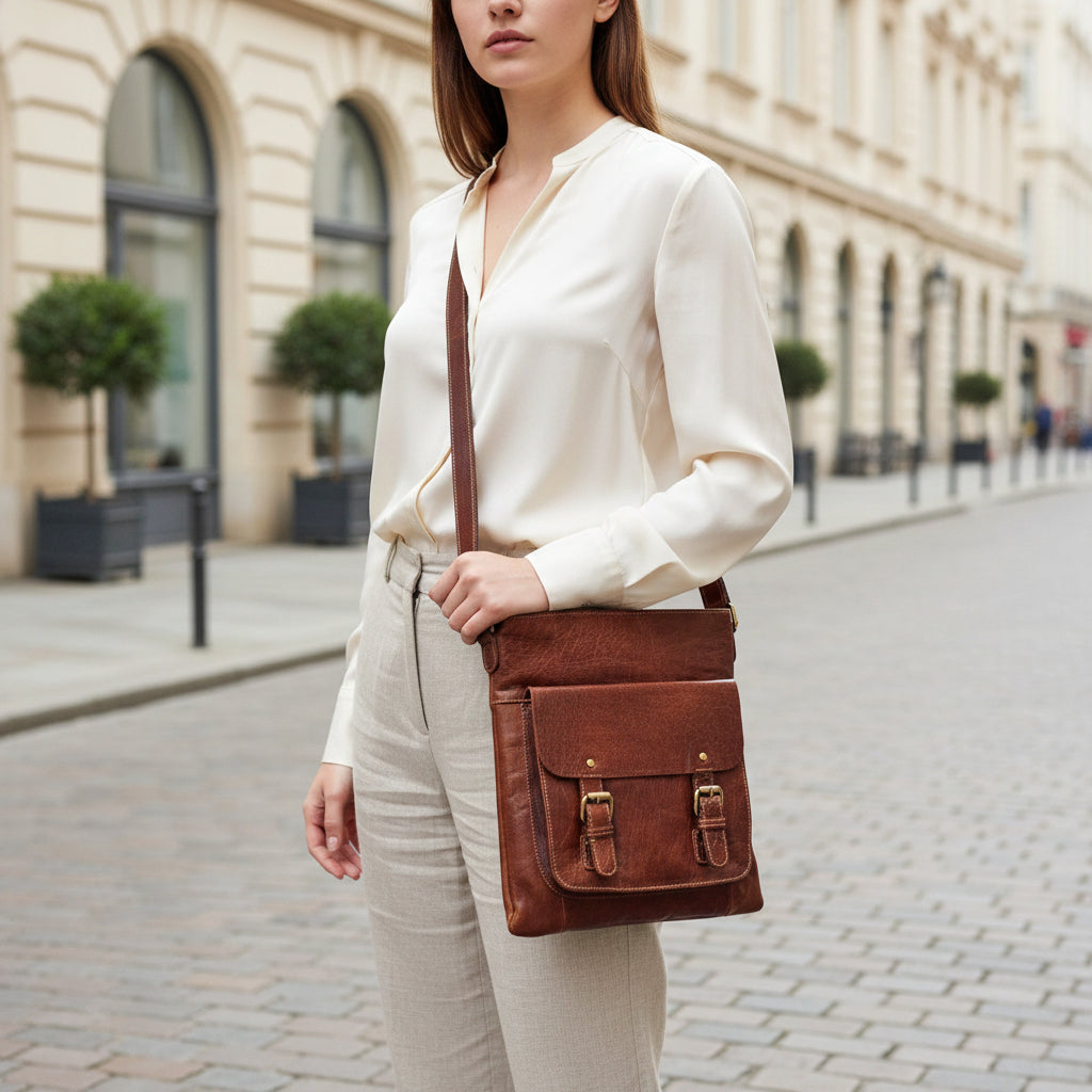 Rowallan Large Cognac Premium Leather Cross Body, Shoulder Bag