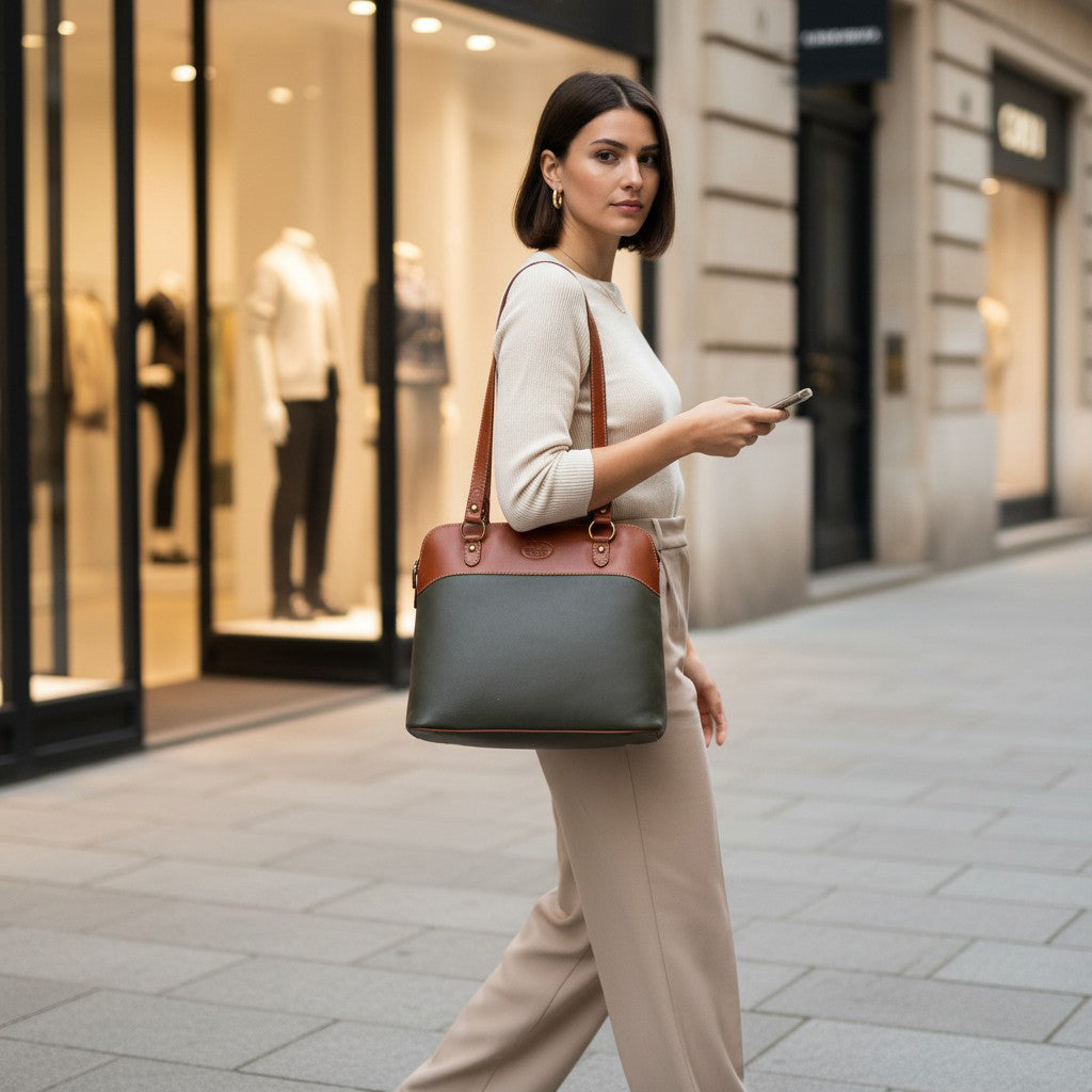 Rowallan Green and Tan Leather Shoulder Bag, Shopper