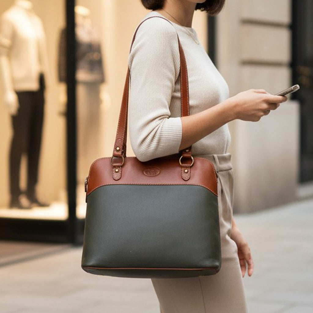 Rowallan Green and Tan Leather Shoulder Bag, Shopper