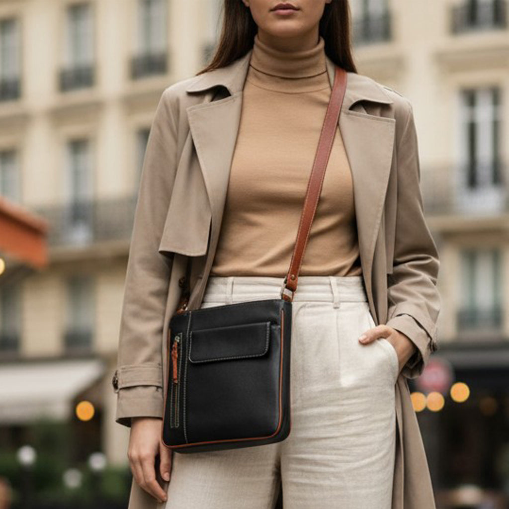 Rowallan Large Black Leather Cross Body Bag, Shoulder Bag