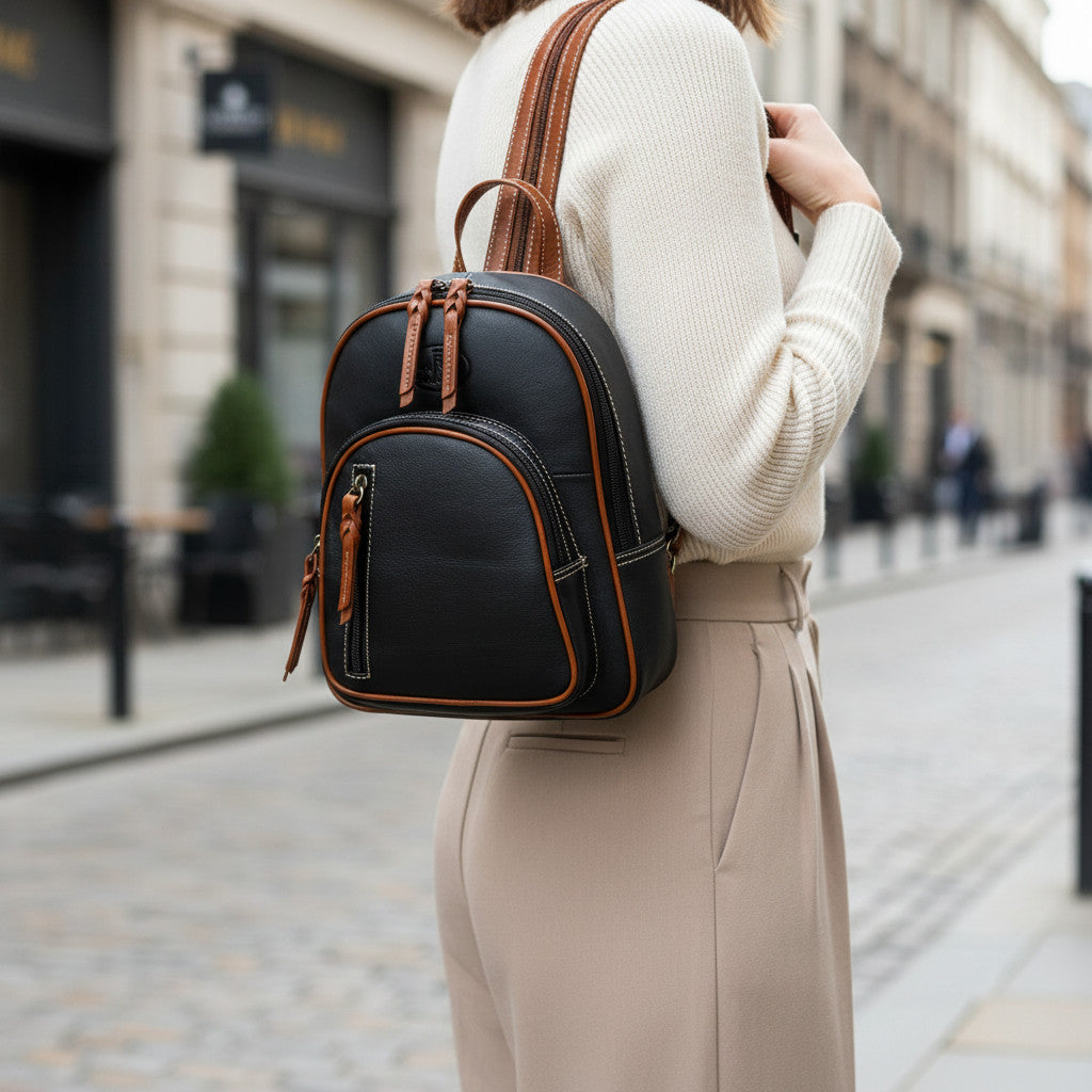 Rowallan Women's Black and Tan Leather Backpack