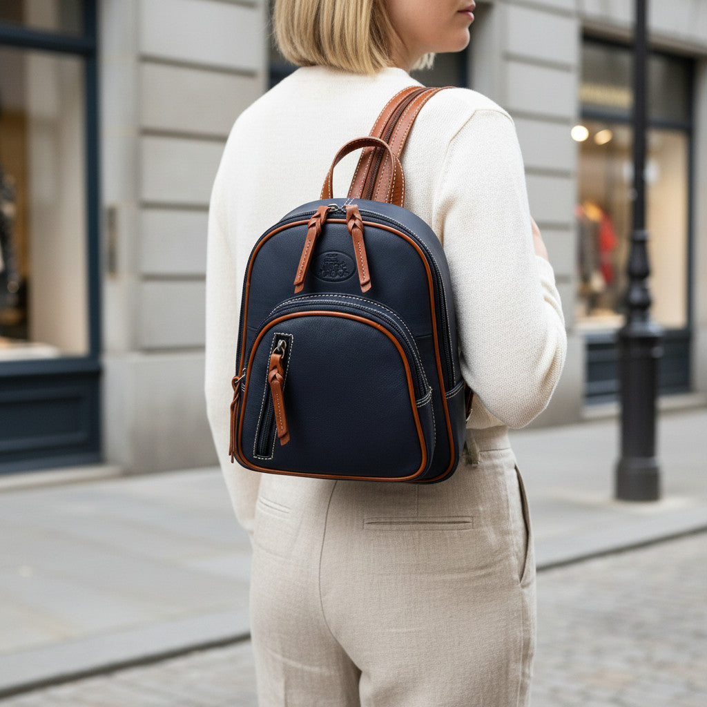 Rowallan Women's Navy Blue and Tan Leather Backpack