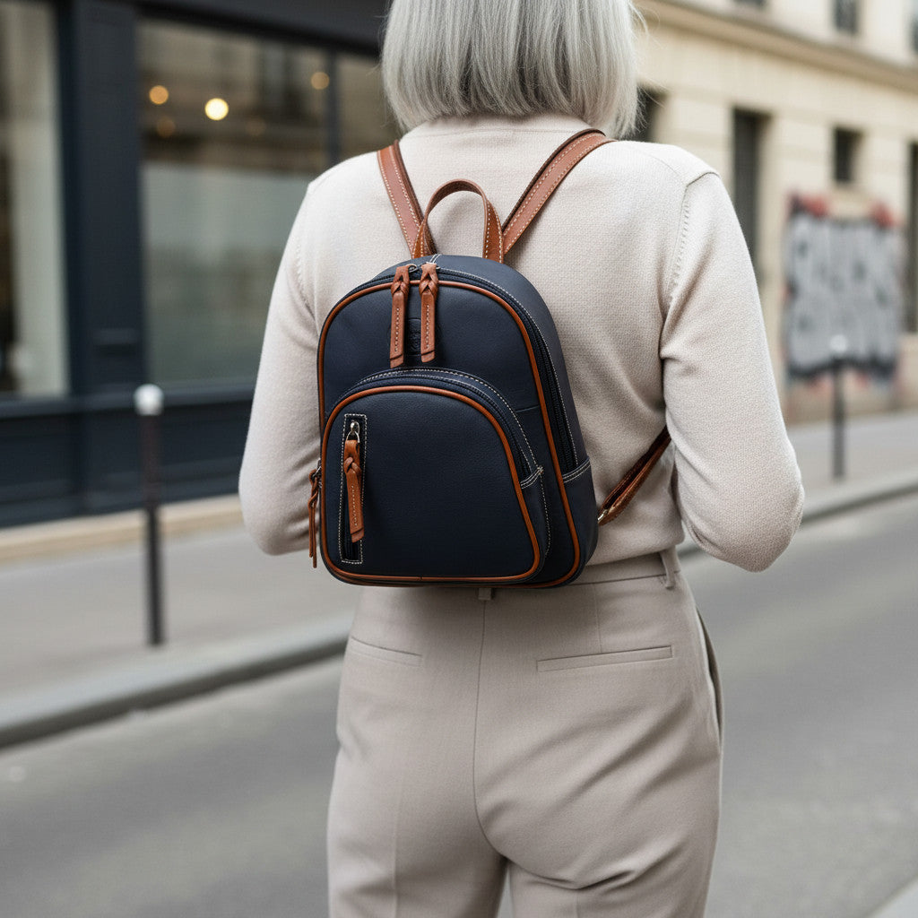 Rowallan Women's Navy Blue and Tan Leather Backpack