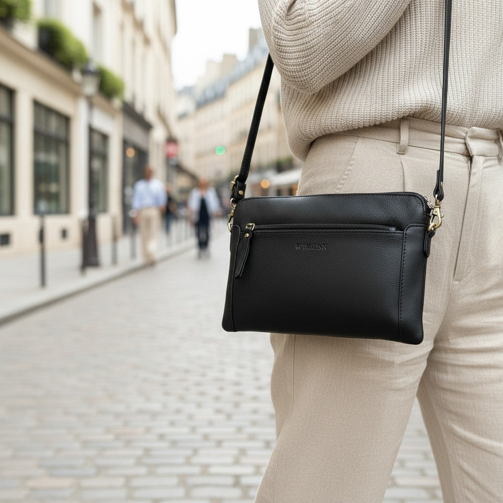 Rowallan Small Black Leather Cross Body, Shoulder Bag, Clutch Bag