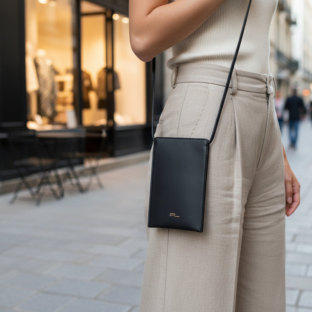 Small Black Leather Travel Bag, Phone Bag, Neck Purse