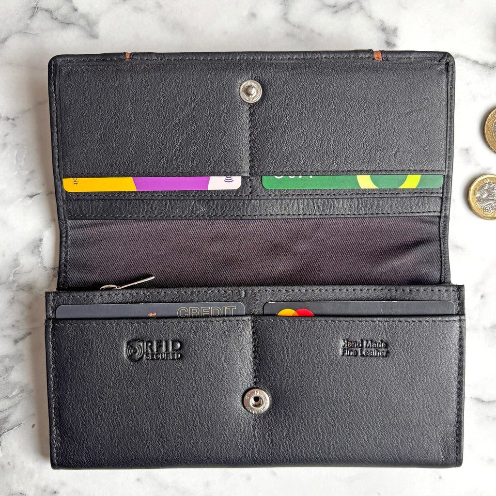 Rowallan Large Black Leather Purse - RFID Secure
