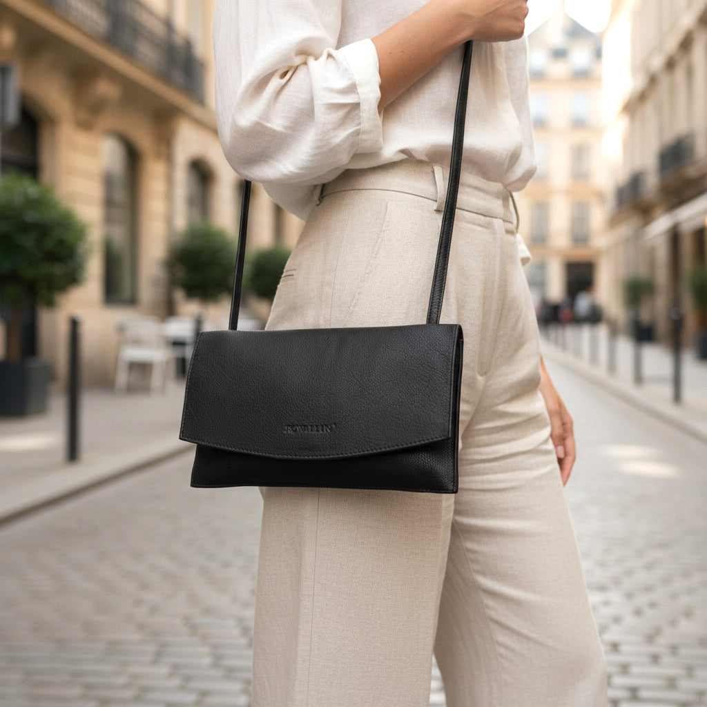 Rowallan Slim Black Leather Phone Bag, Cross Body Bag, Leather Phone Bag