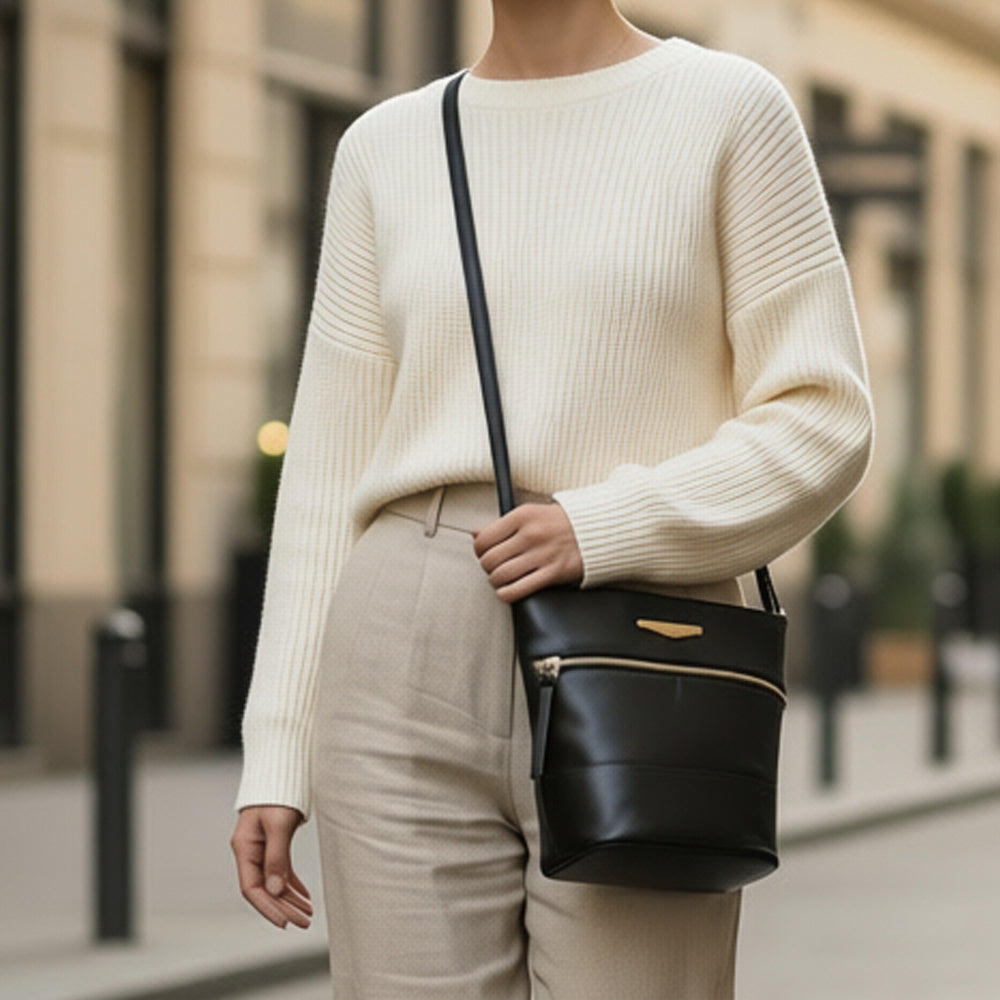 Vegetable Tanned Black Leather Cross Body, Shoulder Bag