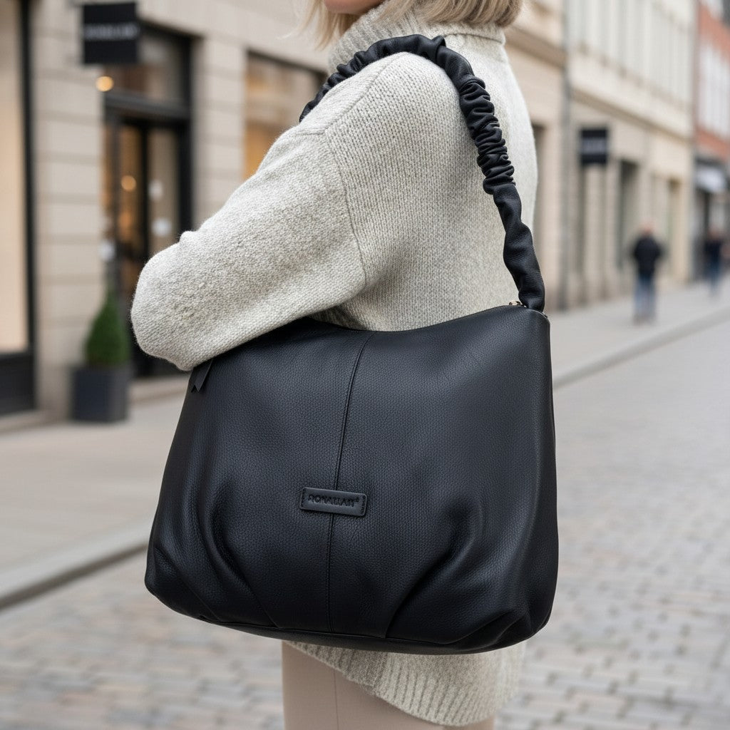 Rowallan Large Black Leather Shoulder Bag, Handbag