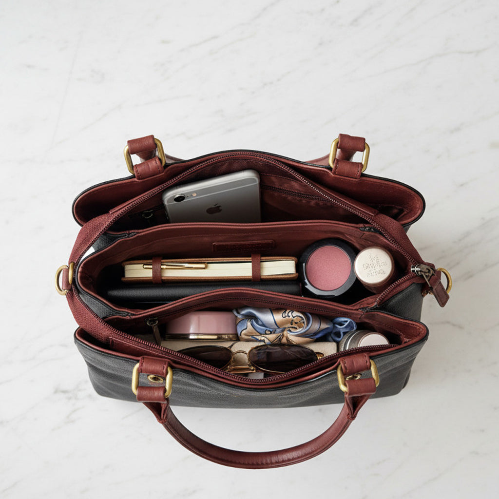 Rowallan Navy and Brown Leather Grab Bag - No Shoulder Strap