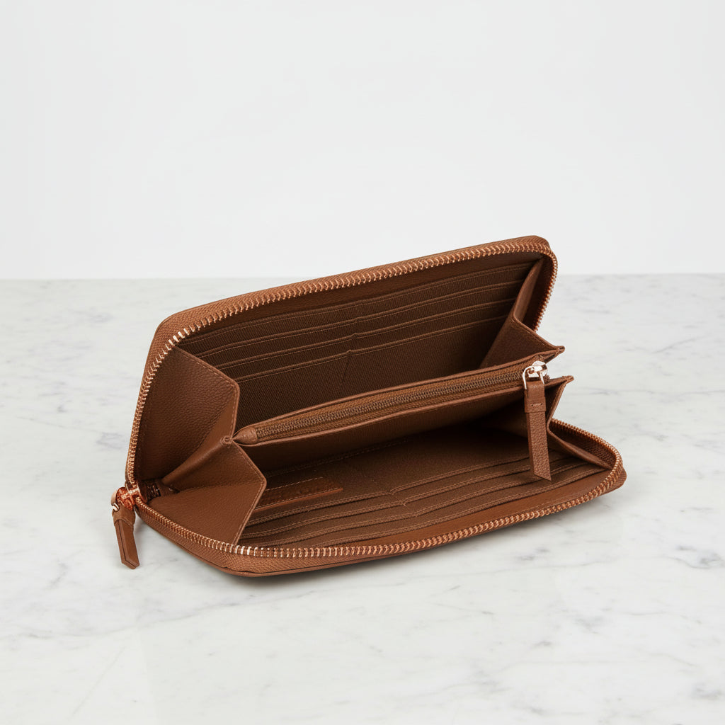 Large Tan Zip-Around Leather Purse