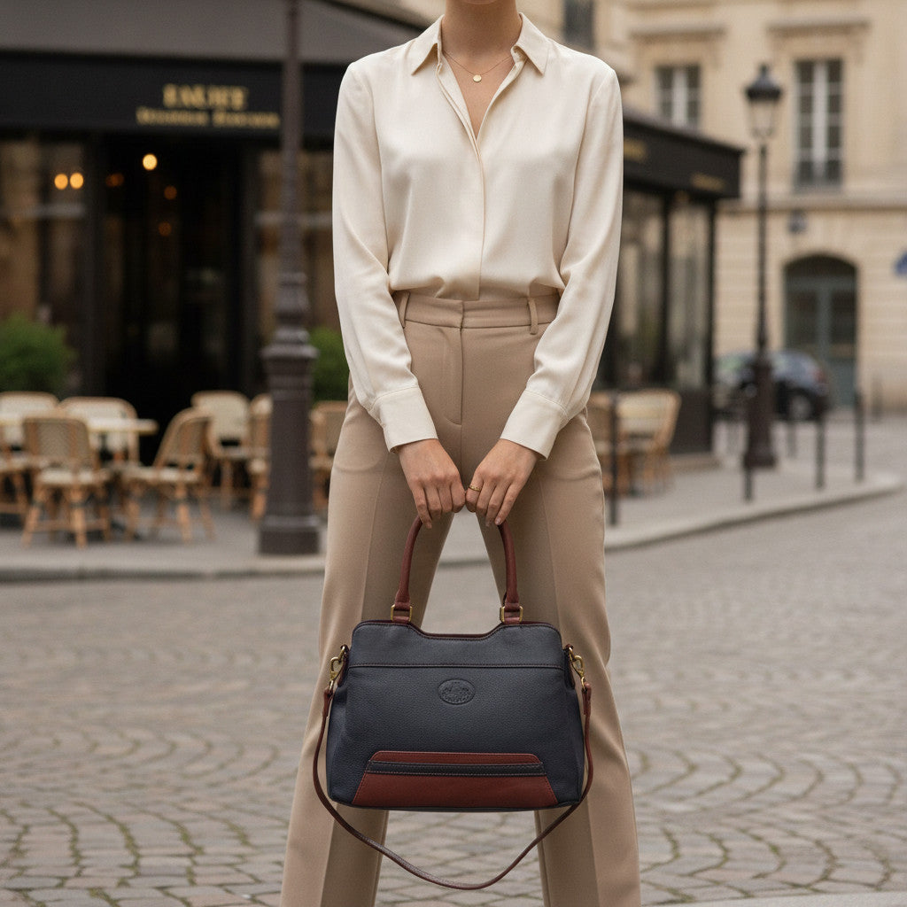 Rowallan Navy and Brown Leather Grab Bag - No Shoulder Strap