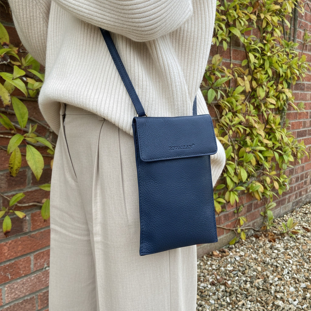 Rowallan Navy Small Leather Phone Bag, Body Bag