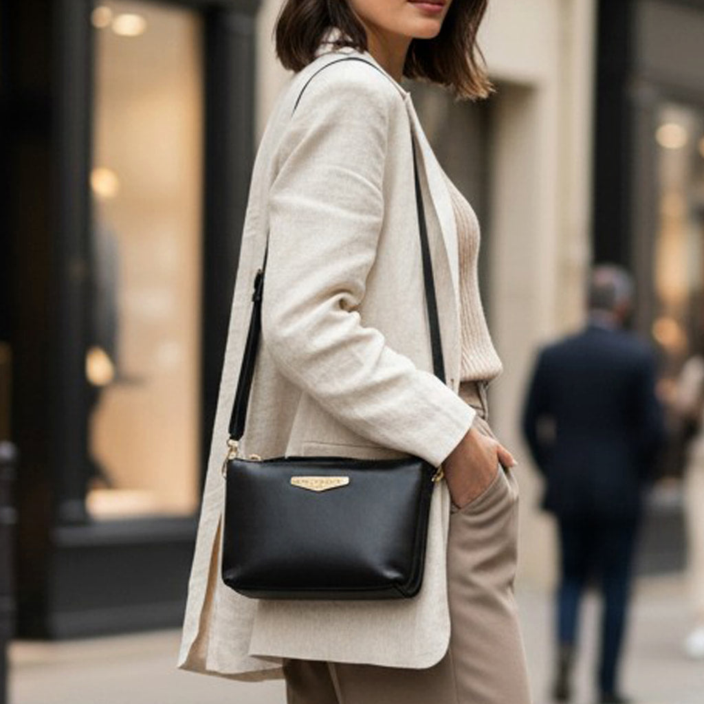 Vegetable Tanned Black Leather Cross Body Bag or Clutch Bag