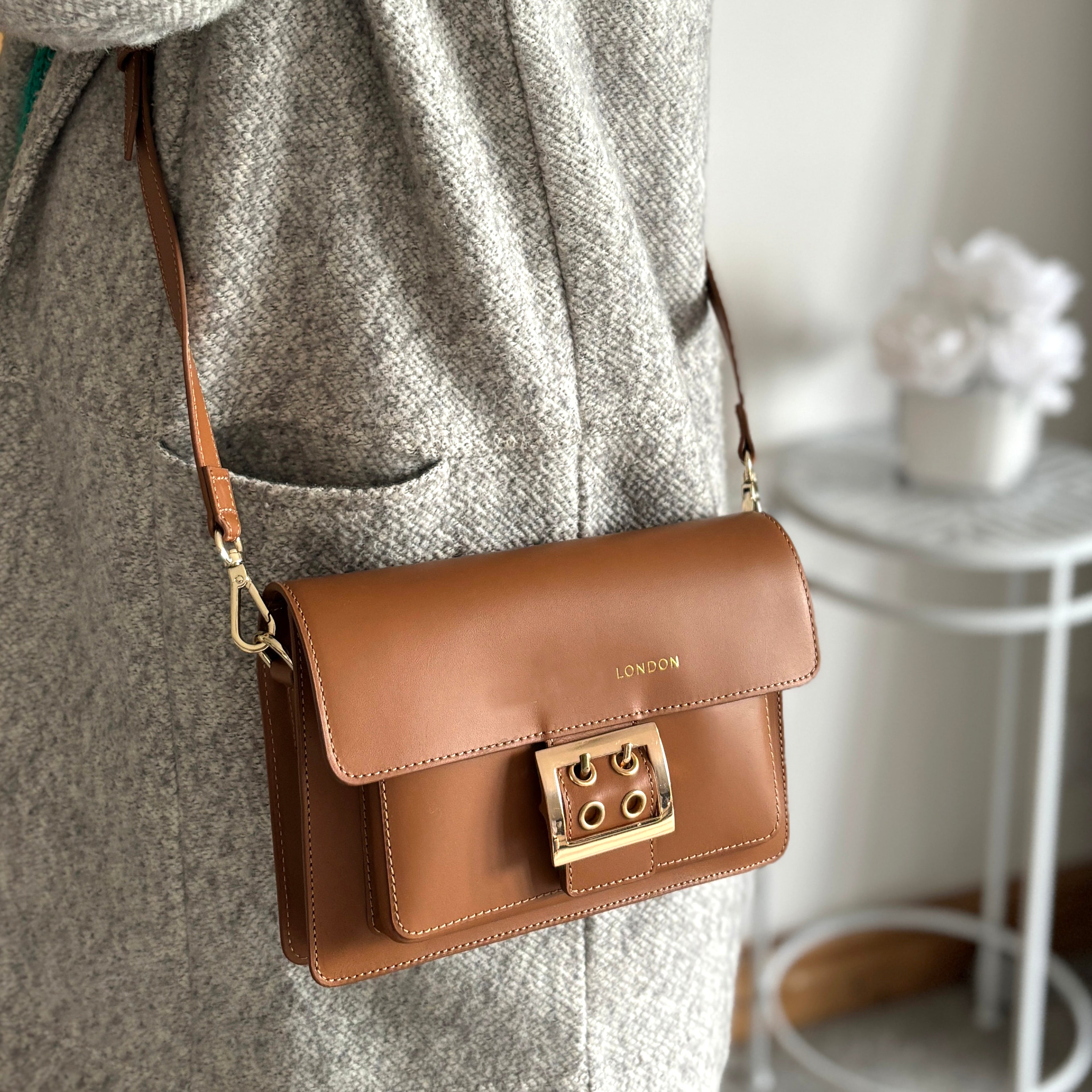 Small Tan Leather Shoulder Bag, Cross Body Bag, Clutch Bag