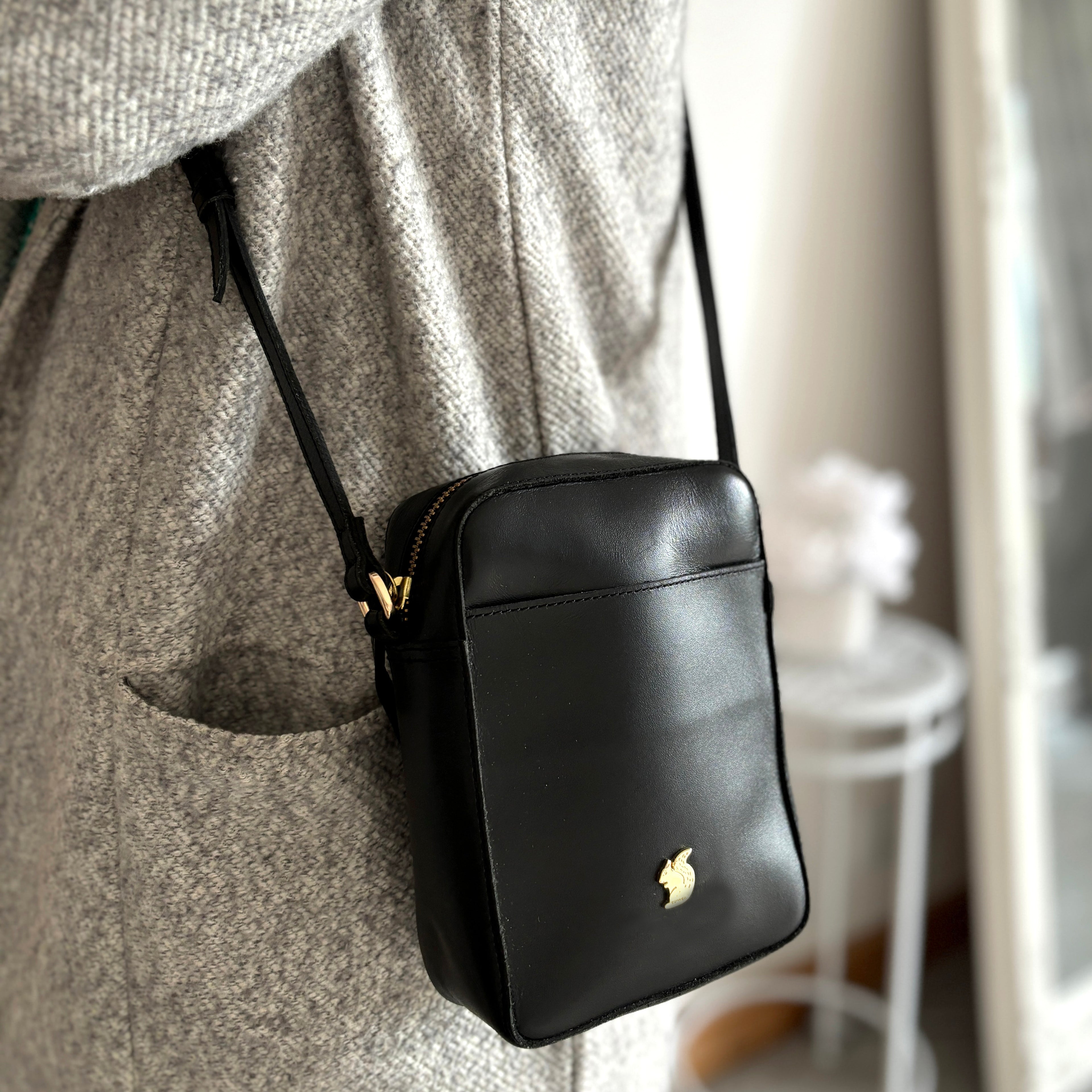 Small Black Leather Shoulder Bag, Cross Body Bag, Phone Bag