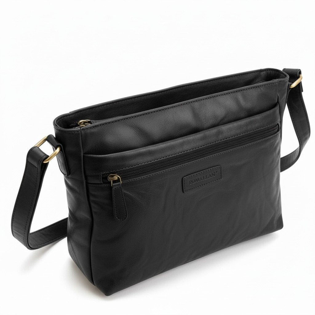 Large Rowallan Black Leather Shoulder Bag, Cross Body Bag, Travel Bag