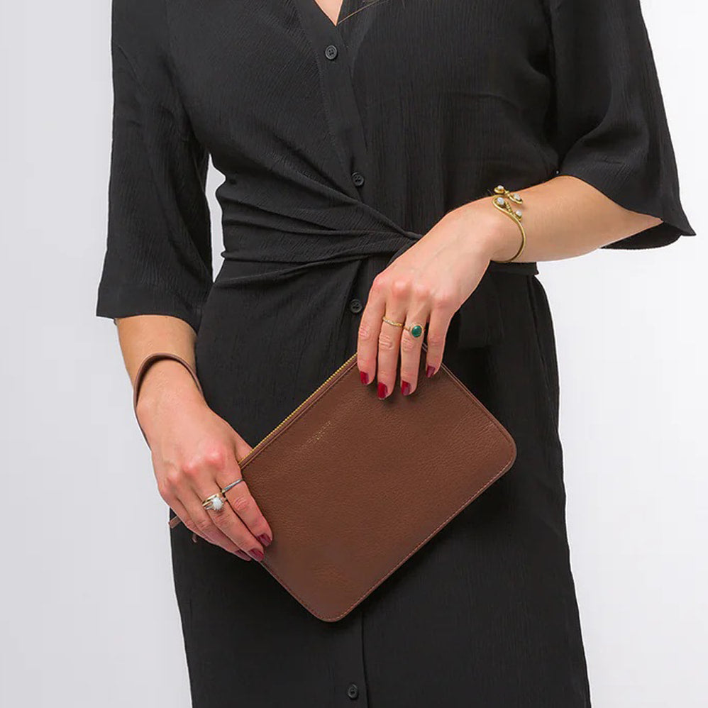 Tan Twin compartment Leather Clutch Bag