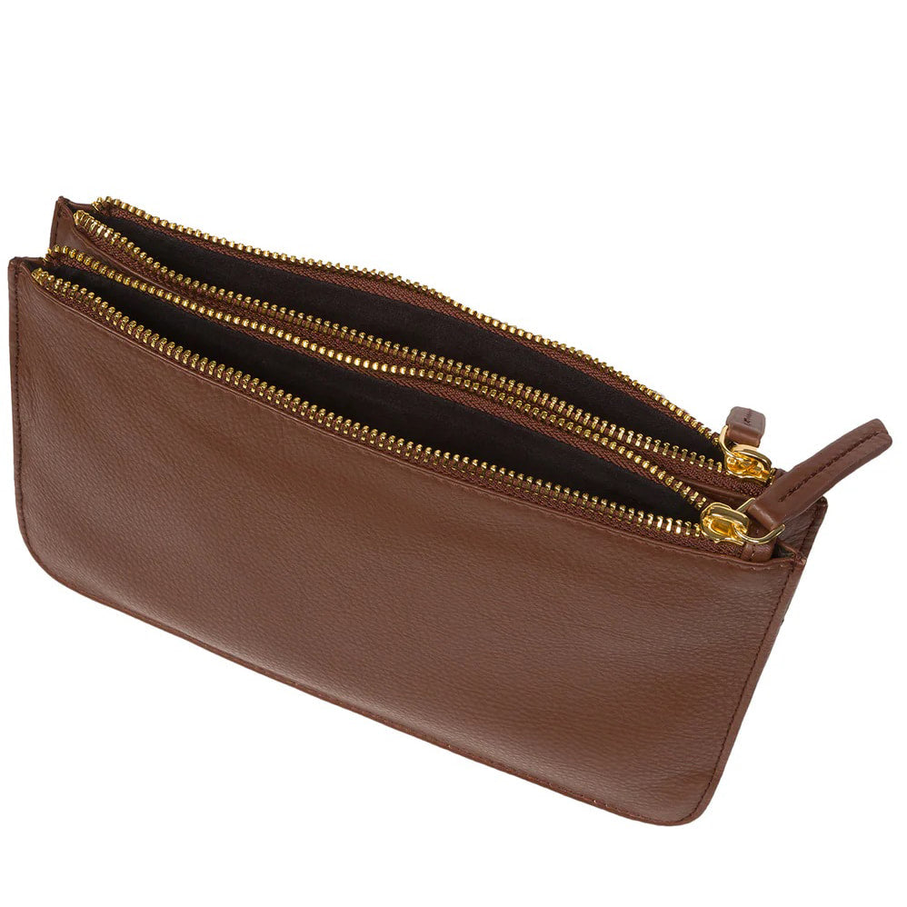 Tan Twin compartment Leather Clutch Bag