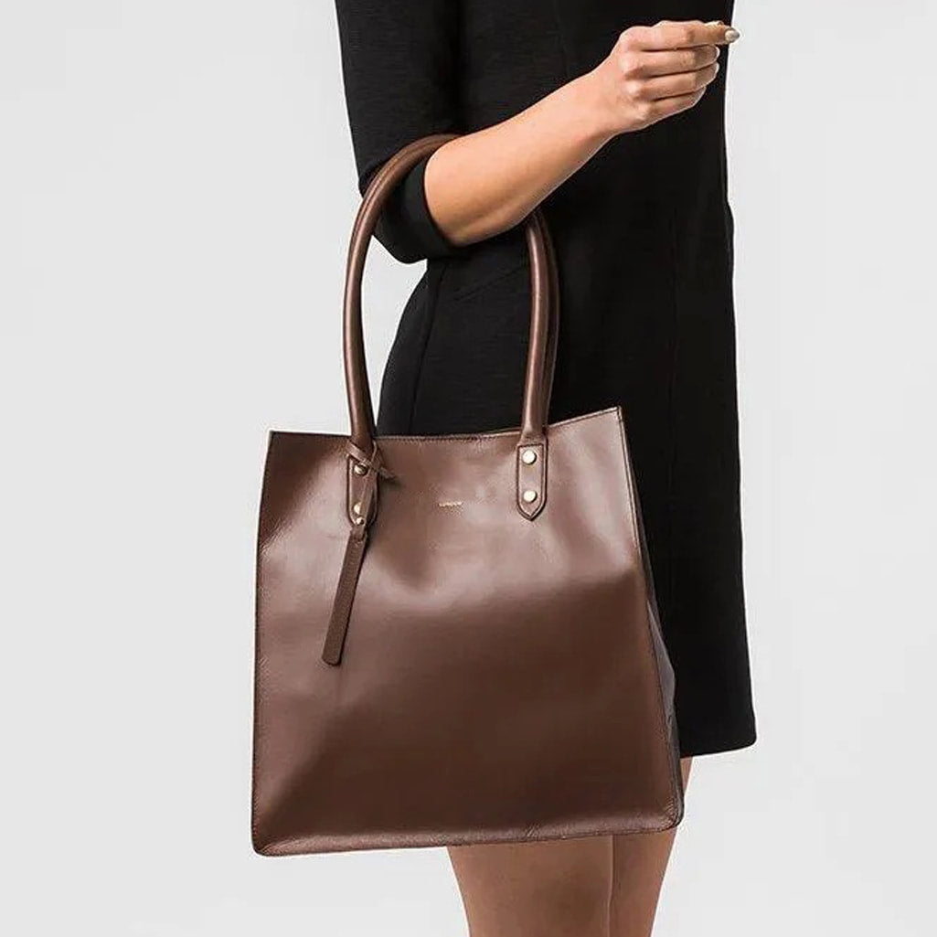 Brown Leather Structured Shoulder Bag, Tote Bag