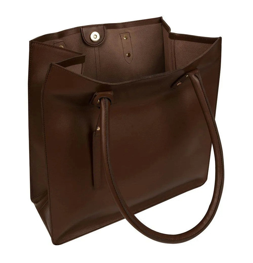 Brown Leather Structured Shoulder Bag, Tote Bag