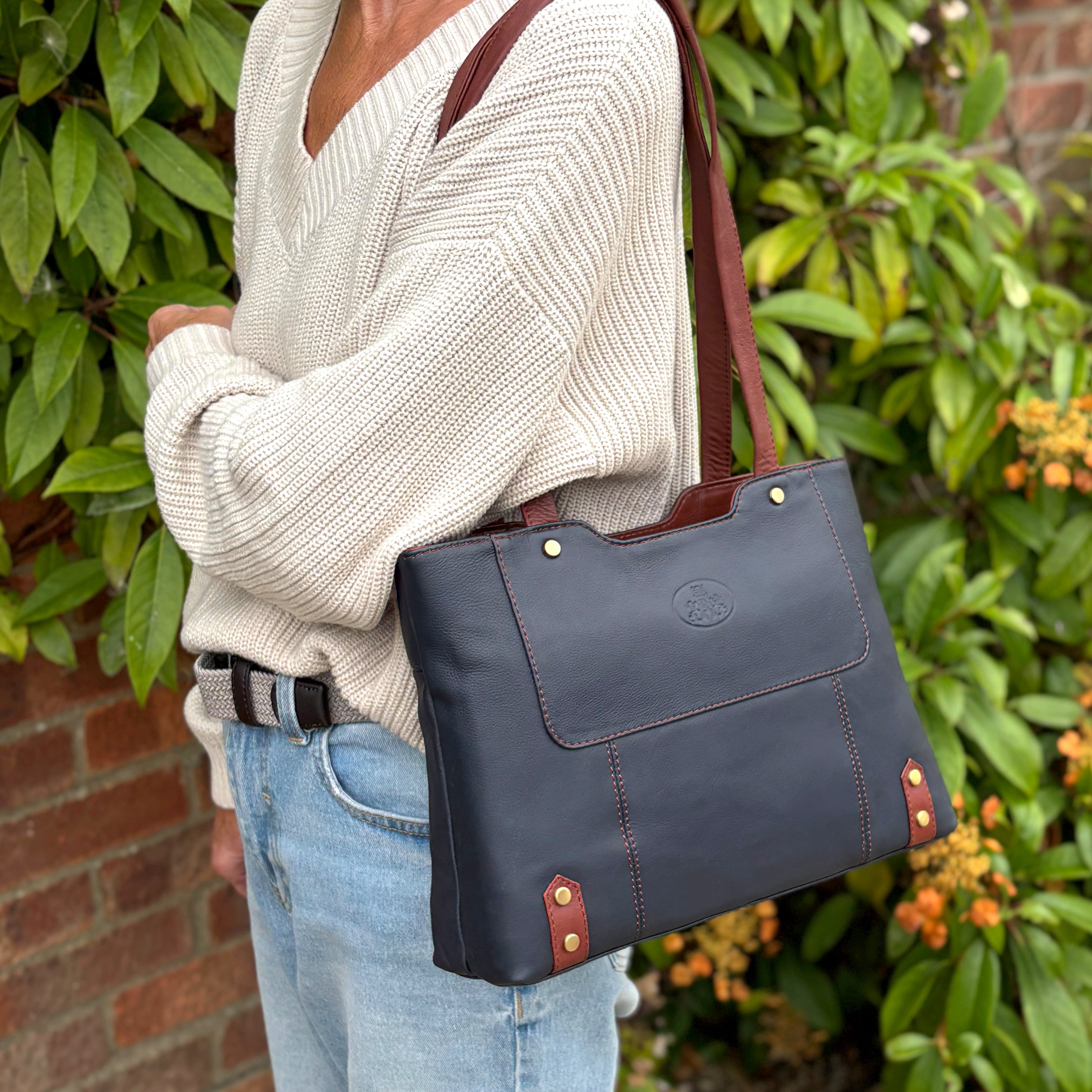 Rowallan Navy and Tan  Leather Shoulder Bag, Shopper