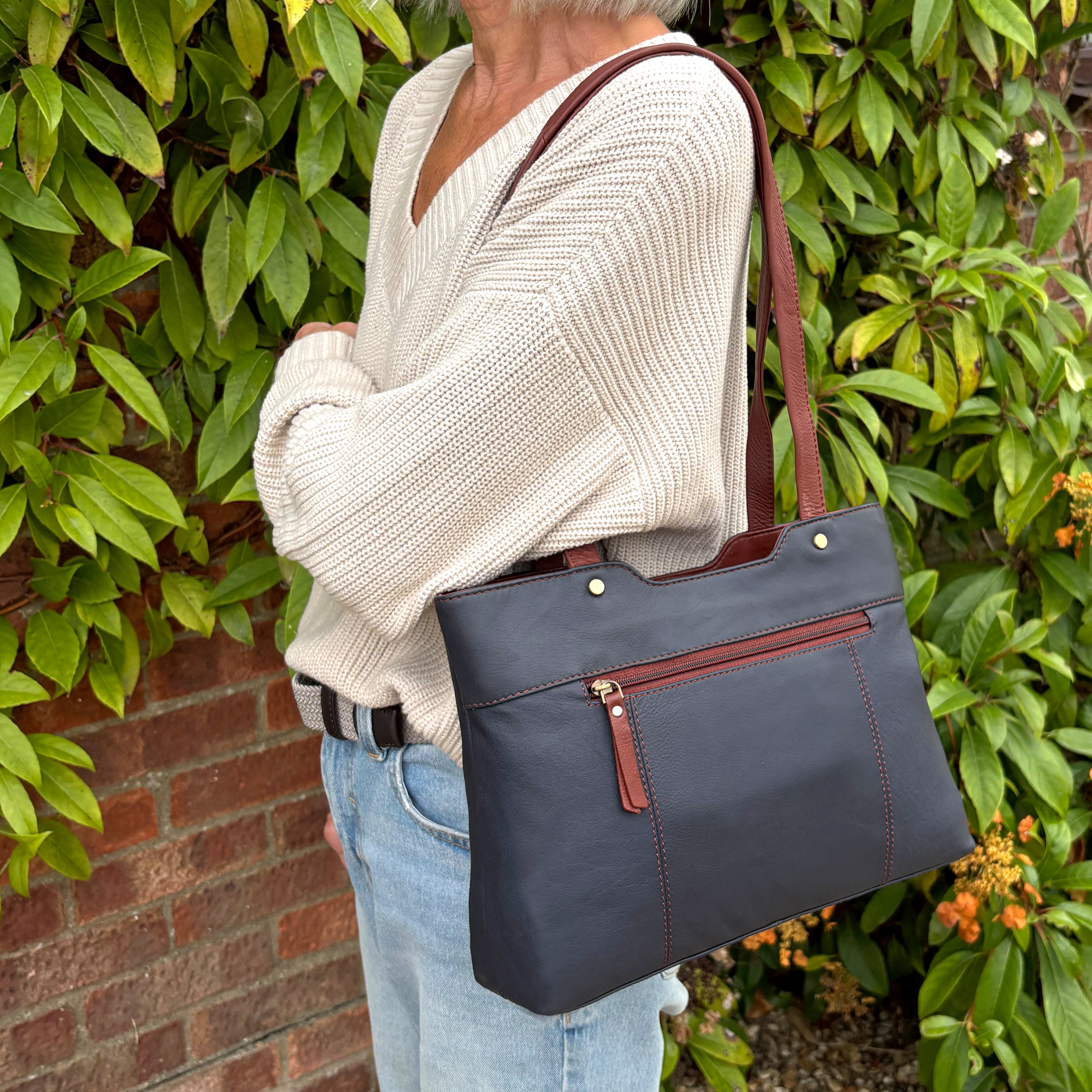 Rowallan Navy and Tan  Leather Shoulder Bag, Shopper