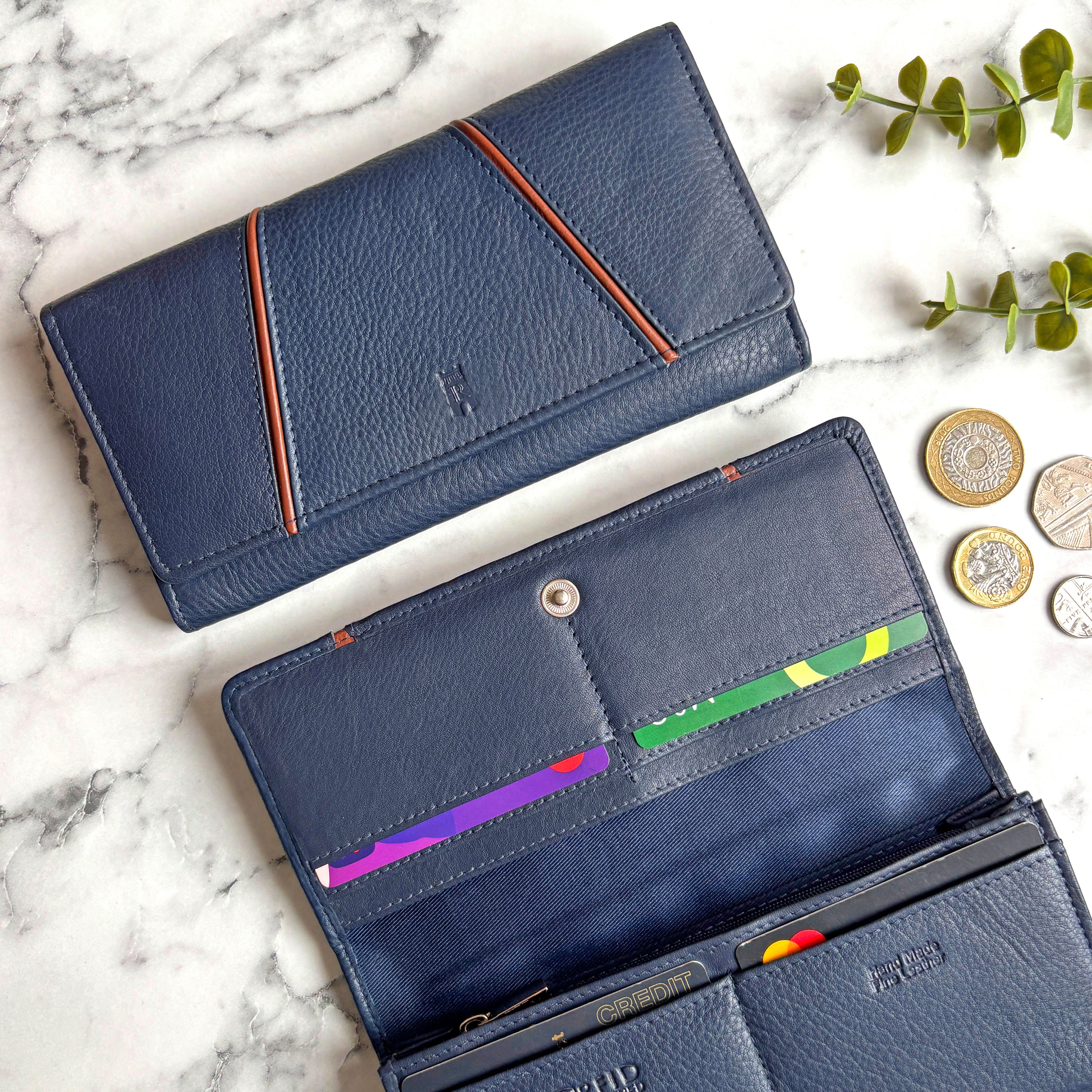 Rowallan Large Navy Leather Purse - RFID Secure