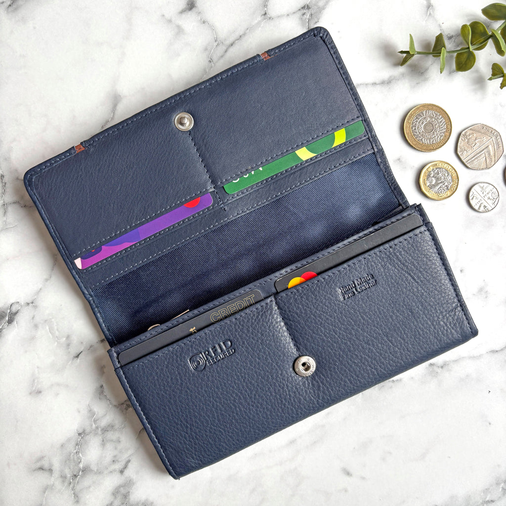 Rowallan Large Navy Leather Purse - RFID Secure