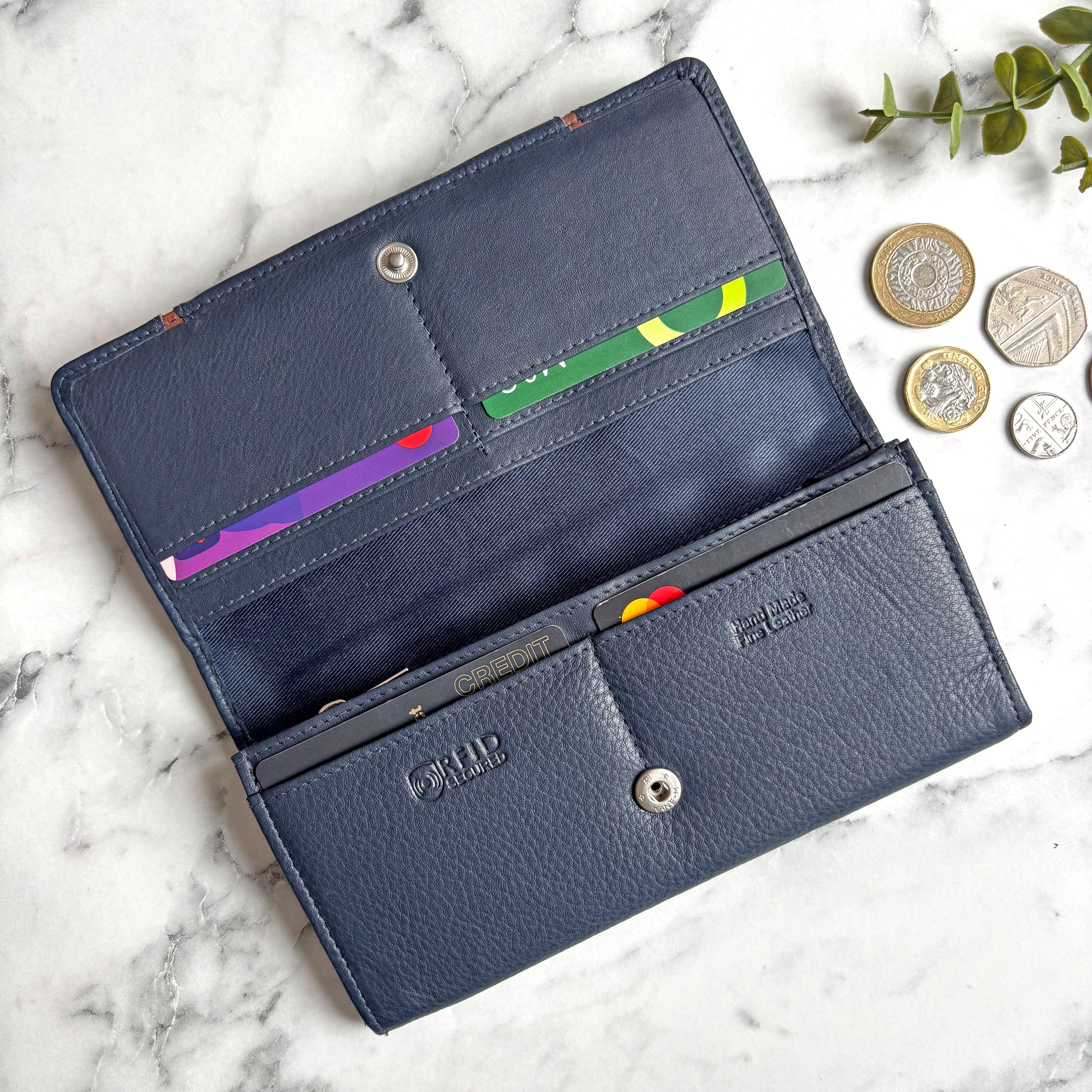 Rowallan Large Navy Leather Purse - RFID Secure