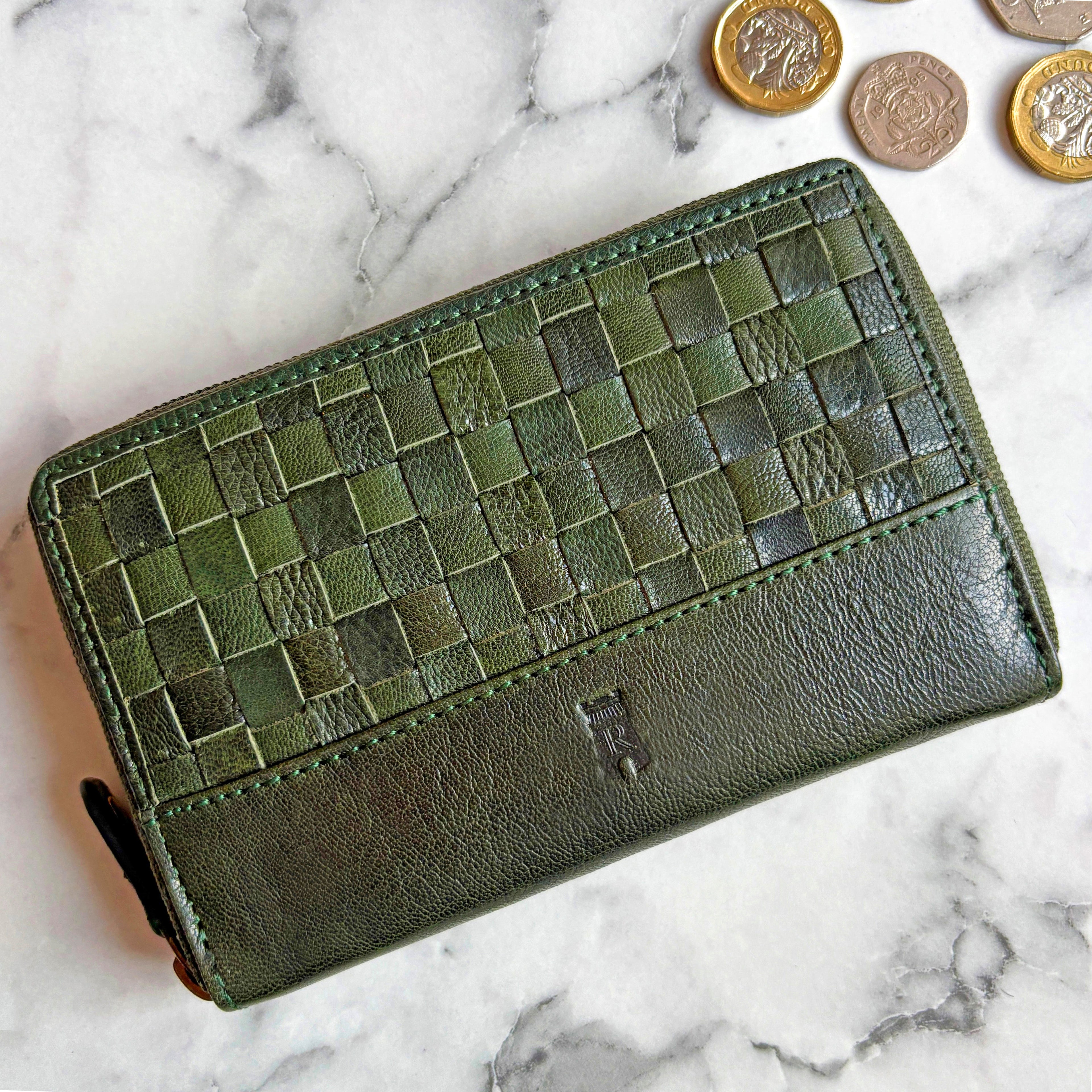 Rowallan Green Leather Purse - Hand Woven