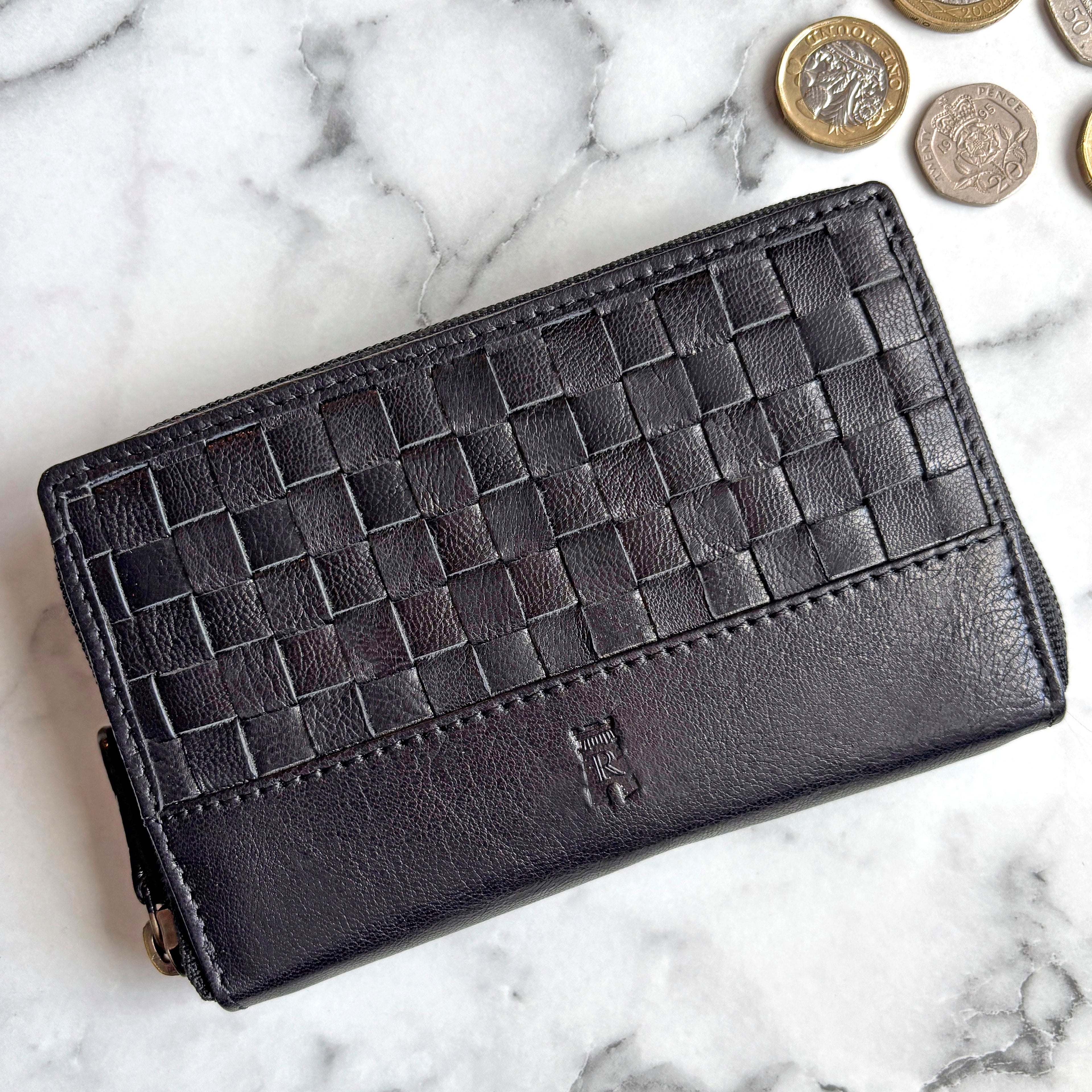 Rowallan Black Leather Purse - Hand Woven