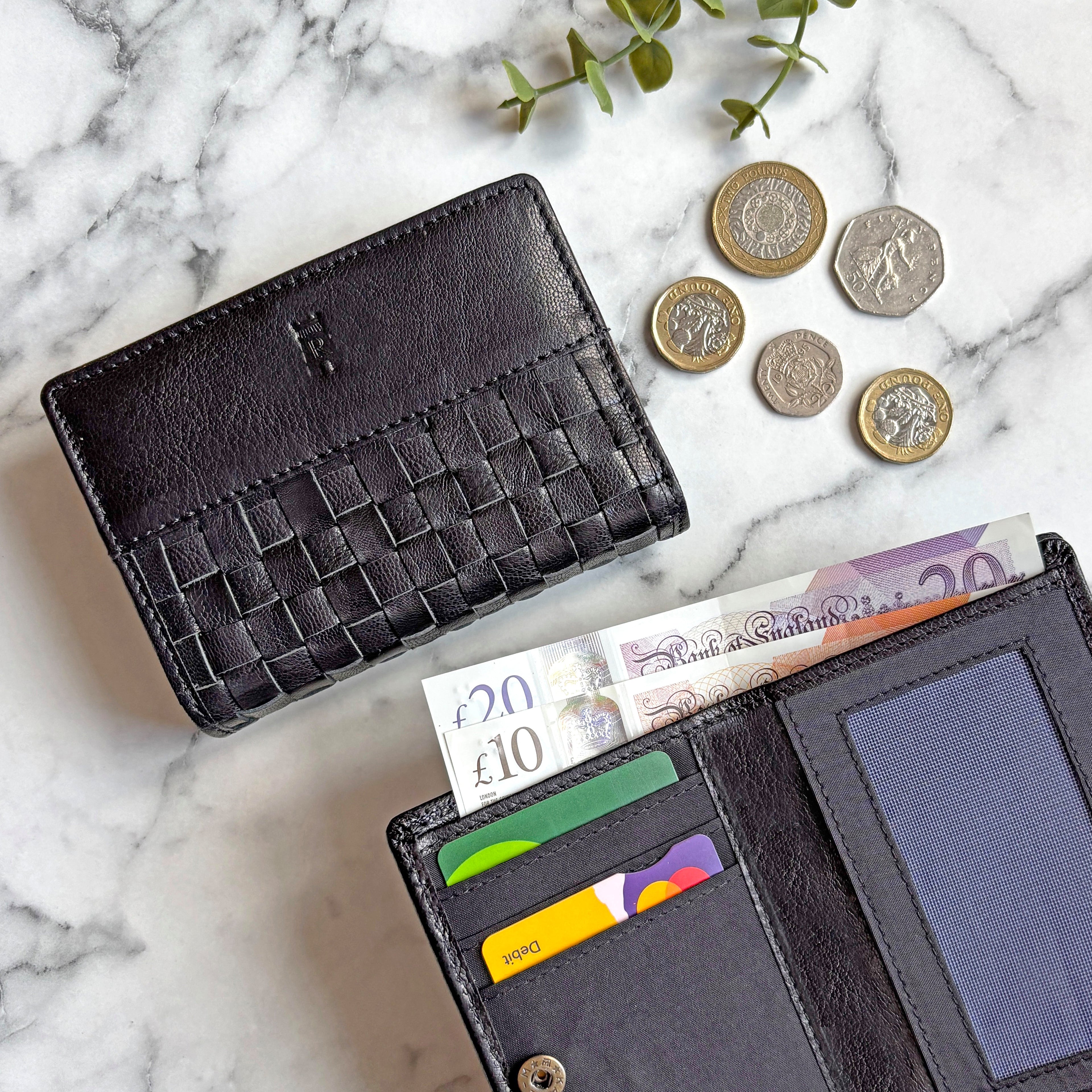 Rowallan Small Black Leather Purse - Hand Woven