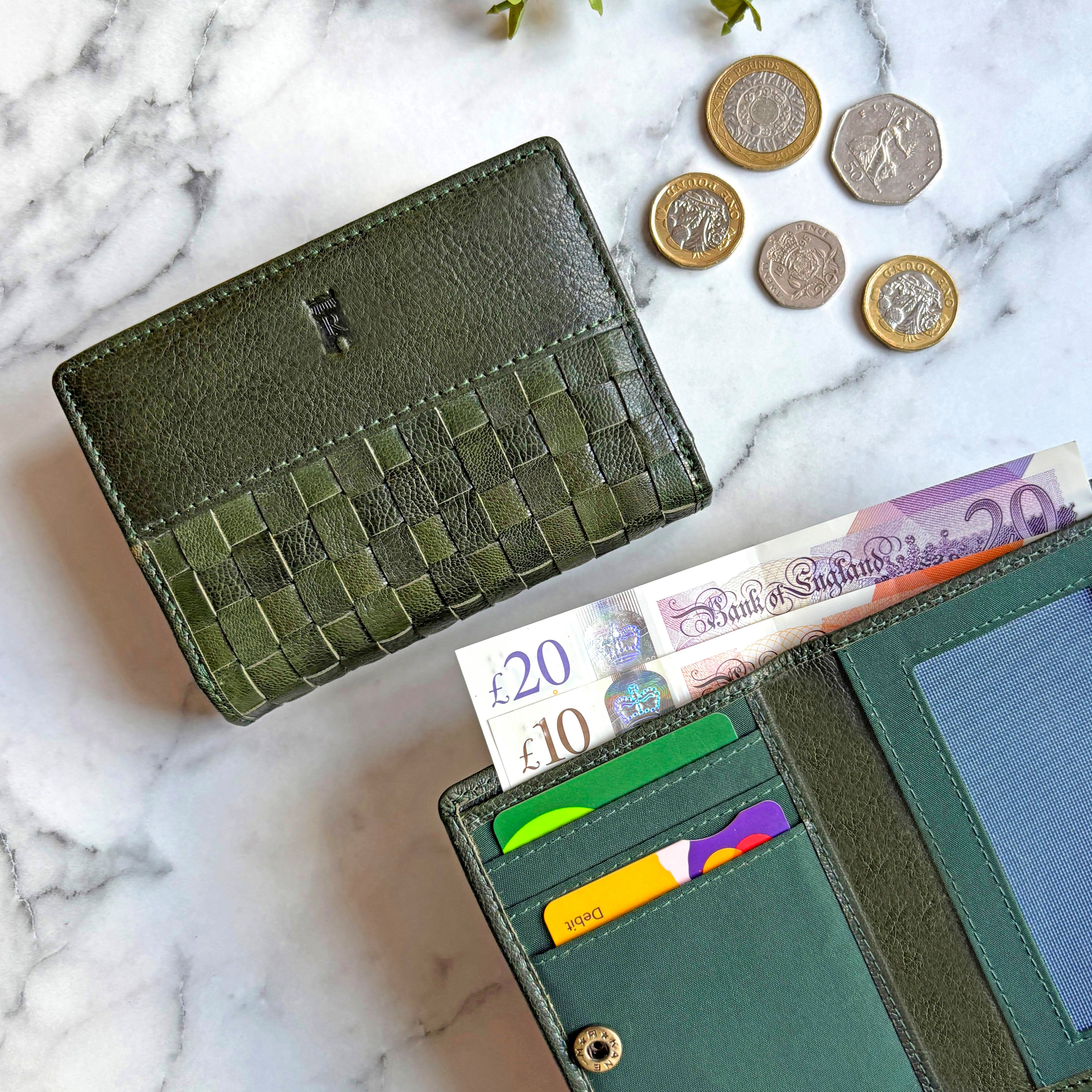 Rowallan Small Green Leather Purse - Hand Woven