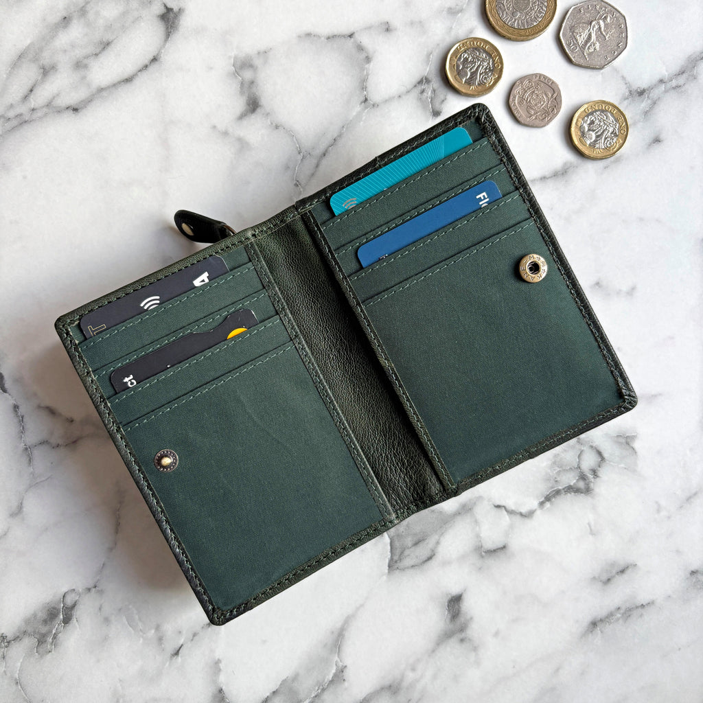 Rowallan Small Green Leather Purse - Hand Woven