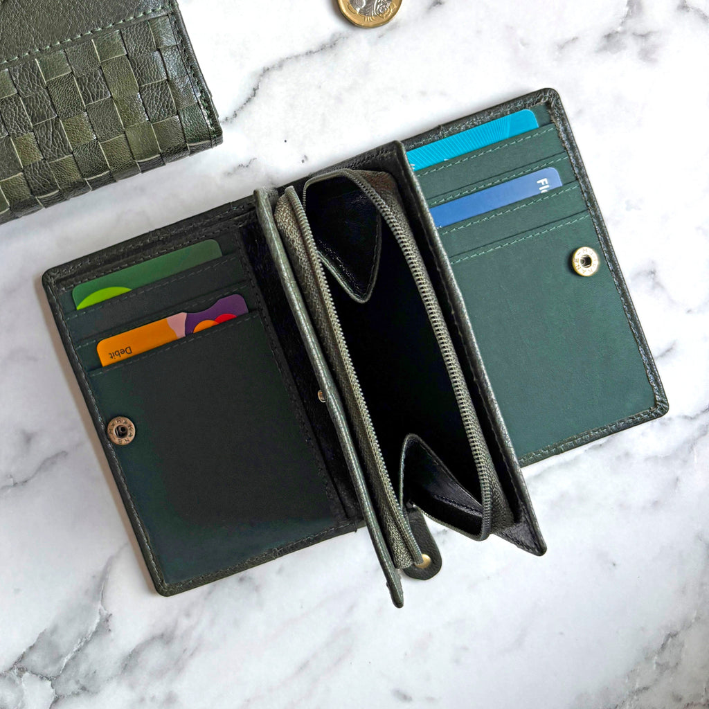 Rowallan Small Green Leather Purse - Hand Woven