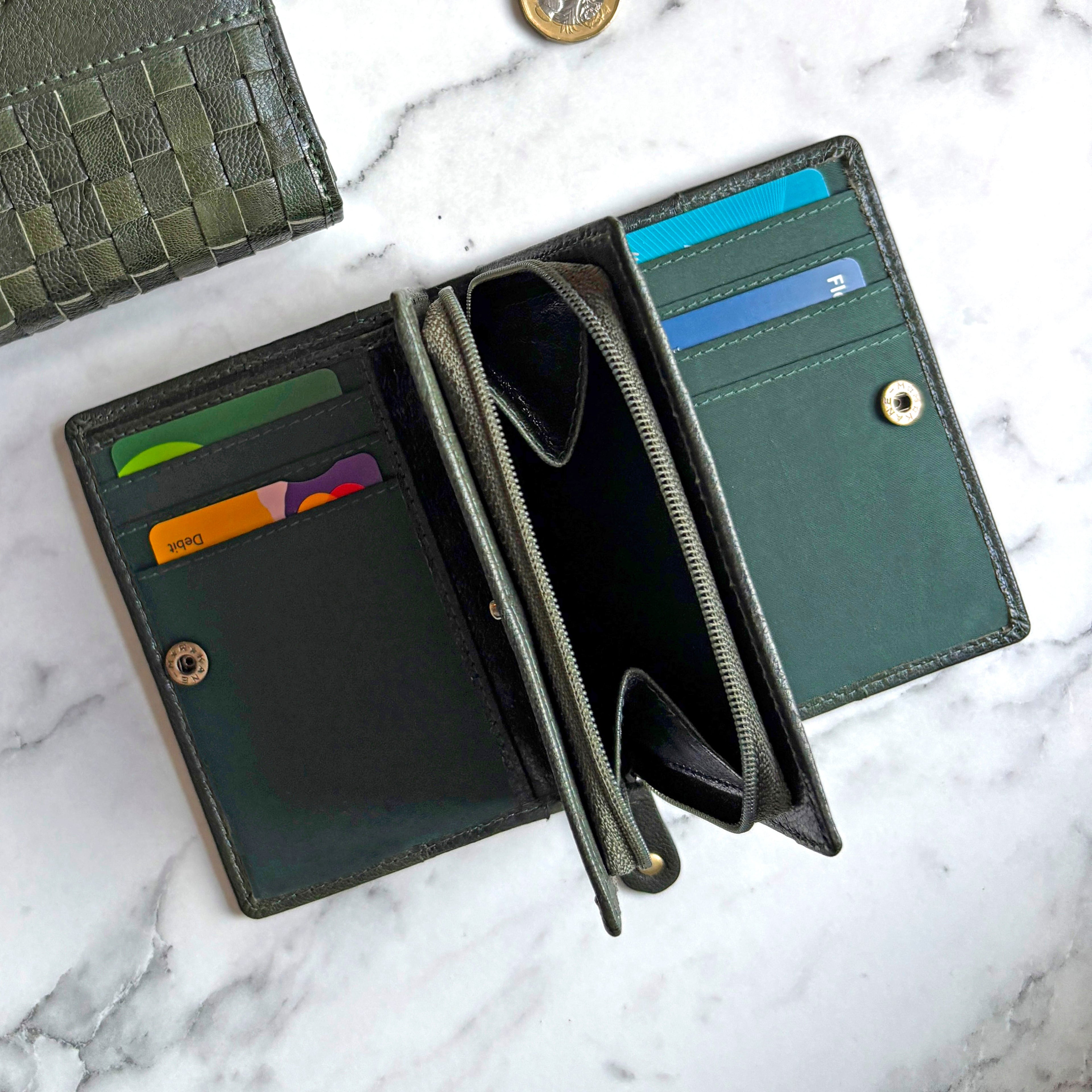Rowallan Small Green Leather Purse - Hand Woven